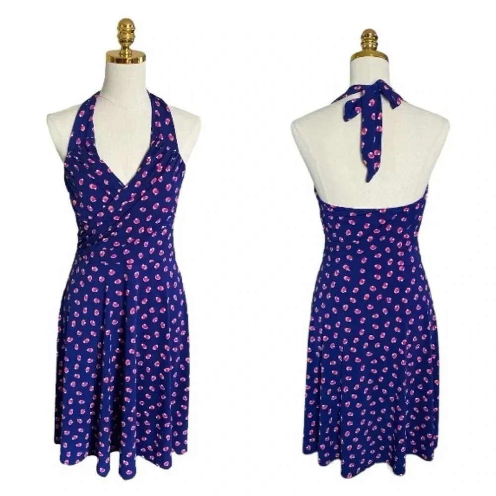 LEOTA |Women's Knee Length Sleeveless Navy Dainty Print Halter-neck Dress Size M